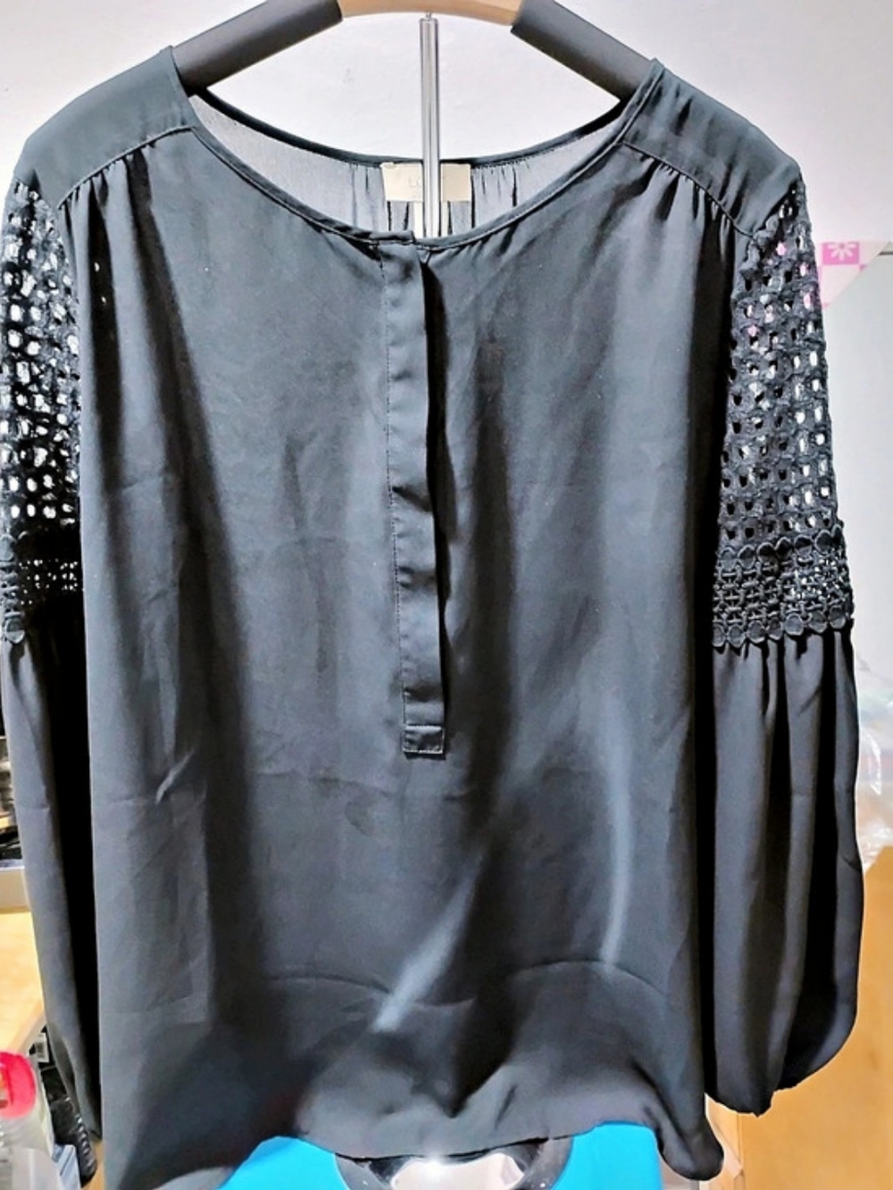 LOFT Black Crochet-Sleeve Blouse Size Large